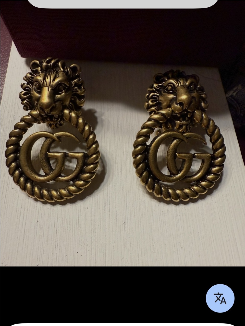 Gucci Lion Head GG Drop Earrings in Antique Gold Tone